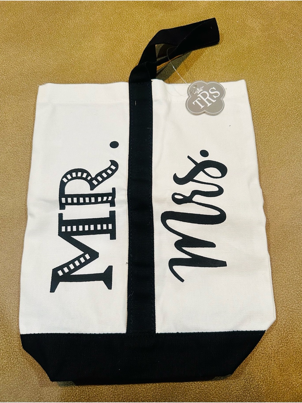 Mr. & Mrs. Canvas Wine Tote Bag with Black Trim